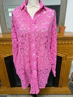 Mille Resort & Travel pink buttondown lace with pockets see through cover up med